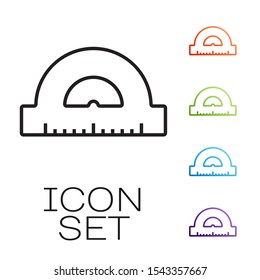 Black line Protractor grid for measuring degrees icon isolated on white background. Tilt angle meter. Measuring tool. Geometric symbol. Set icons colorful. Vector Illustration
