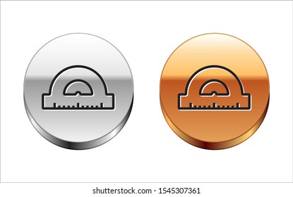 Black line Protractor grid for measuring degrees icon isolated on white background. Tilt angle meter. Measuring tool. Geometric symbol. Silver-gold circle button. Vector Illustration