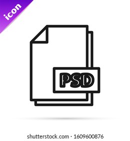 Black line PSD file document. Download psd button icon isolated on white background. PSD file symbol.  Vector Illustration