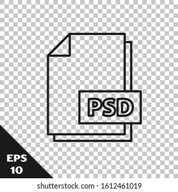 Black line PSD file document. Download psd button icon isolated on transparent background. PSD file symbol.  Vector Illustration