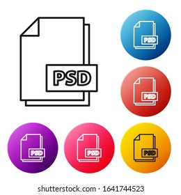 Black line PSD file document. Download psd button icon isolated on white background. PSD file symbol. Set icons colorful circle buttons. Vector Illustration