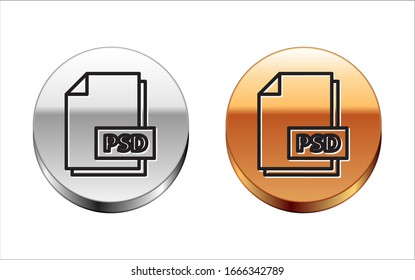 Black Line PSD-Datei Dokument. Download-Schaltfläche für den Download, Symbol einzeln auf weißem Hintergrund. PSD-Dateisymbol. Silbergoldknöpfe. Vektorillustration-Illustration