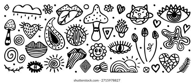 Black line psychedelic doodle hand drawn set. Monochrome outline isolated signs. Mushrooms, lips, eyes, hearts, suns, clouds, abstract shapes. Vector groovy retro cliparts