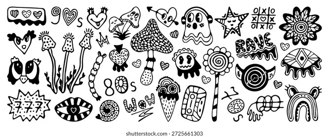 Schwarze Linie psychedelische doodle handgezeichnete Vektorsatz. Einfarbige Umrisssymbole. Pilze, Lippen, Augen, Herzen, Geister, skurrile Charaktere, abstrakte Formen. Vektorgrau Retro Cliparts