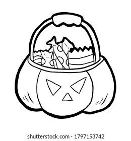 Black line pumpkin basket. Hand drawn cute cartoon for season in October. Doodle for coloring, decoration or any design. Text at bottom 'HALLOWEEN'. Vector illustration about halloween.