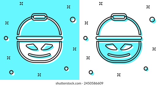 Black line Pumpkin basket for sweets icon isolated on green and white background. Happy Halloween party. Random dynamic shapes. Vector