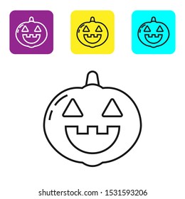Black line Pumpkin icon isolated on white background. Happy Halloween party. Set icons colorful square buttons. Vector Illustration
