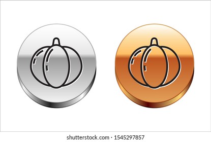 Black line Pumpkin icon isolated on white background. Happy Halloween party. Silver-gold circle button. Vector Illustration