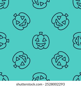 Black line Pumpkin icon isolated seamless pattern on green background. Happy Halloween party.  Vector