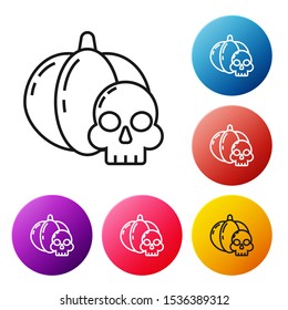 Black line Pumpkin and skull icon isolated on white background. Happy Halloween party. Set icons colorful circle buttons. Vector Illustration