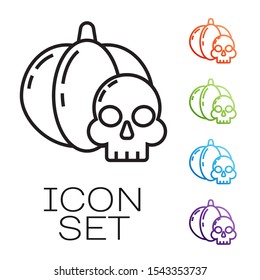 Black line Pumpkin and skull icon isolated on white background. Happy Halloween party. Set icons colorful. Vector Illustration