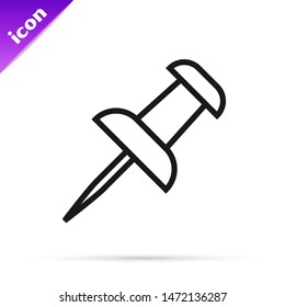 Black line Push pin icon isolated on white background. Thumbtacks sign.  Vector Illustration