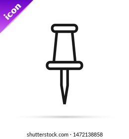 Black line Push pin icon isolated on white background. Thumbtacks sign.  Vector Illustration