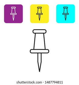 Black line Push pin icon isolated on white background. Thumbtacks sign. Set icons colorful square buttons. Vector Illustration