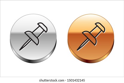 Black line Push pin icon isolated on white background. Thumbtacks sign. Silver-gold circle button. Vector Illustration
