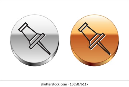 Black line Push pin icon isolated on white background. Thumbtacks sign. Silver-gold circle button. Vector Illustration