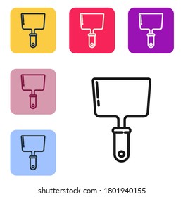Icono de la navaja de línea negra aislado en fondo blanco. Herramienta de reparación de espátula. Embalaje o pintura de instrumentos. Establezca iconos en los botones cuadrados de color. Ilustración vectorial