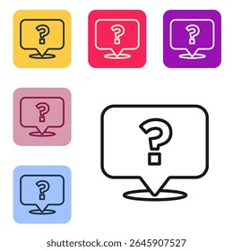 Schwarze Linie Fragezeichen-Symbol einzeln auf weißem Hintergrund. FAQ-Zeichen. Kopieren Sie Dateien, Chat-Sprechblase und Diagramm. Setzen Sie Symbole in Farbe quadratischen Schaltflächen. Vektorgrafik