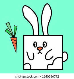 Black line rabbit Easter mascot holiday design art Square shape bunny with cute red nose and orange carrot element. Quirky animal tattoo Aqua menthe background. Stock vector illustration 