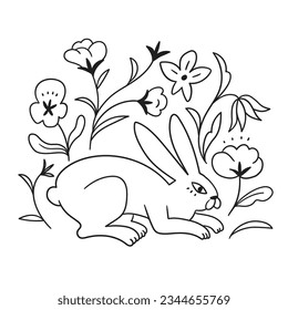 Black line rabbit print design in hand-drawn style. Vector animal illustration with mystical flowers isolated on the white background. Bunny print for poster or t-shirt