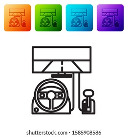 Black line Racing simulator cockpit icon isolated on white background. Gaming accessory. Gadget for driving simulation game. Set icons in color square buttons. Vector Illustration