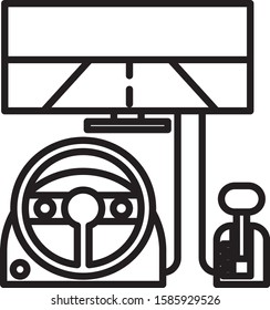Black line Racing simulator cockpit icon isolated on white background. Gaming accessory. Gadget for driving simulation game.  Vector Illustration