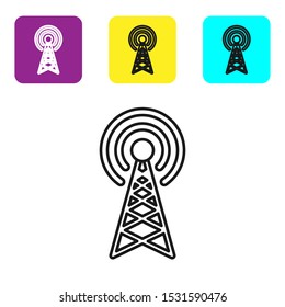 Black line Radar icon isolated on white background. Military search system. Set icons colorful square buttons. Vector Illustration
