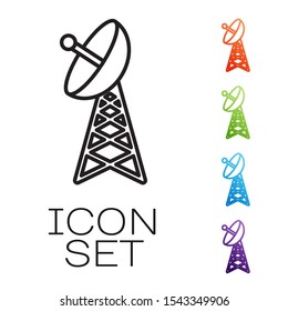 Black line Radar icon isolated on white background. Military search system. Set icons colorful. Vector Illustration