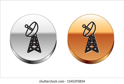 Black line Radar icon isolated on white background. Military search system. Silver-gold circle button. Vector Illustration
