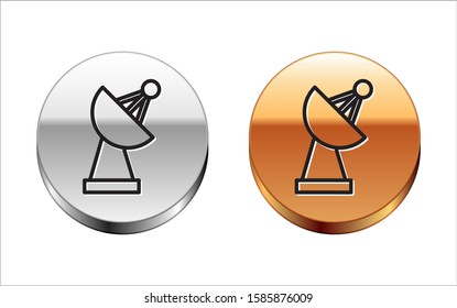 Black line Radar icon isolated on white background. Search system. Satellite sign. Silver-gold circle button. Vector Illustration