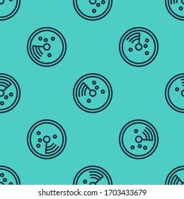 Radar de línea negra con objetivos en el monitor en la búsqueda icono aislado patrón sin fisuras en el fondo verde. Sistema de búsqueda. Sonar naval. Ilustración vectorial