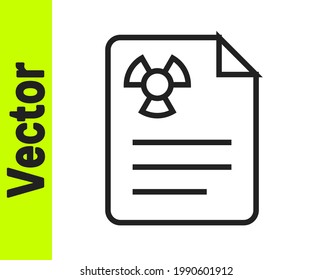 Black line Radiation warning document icon isolated on white background. Text file.  Vector