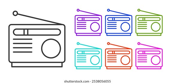 Linha preta Rádio com ícone de antena isolado no fundo branco. Defina os ícones com cores. Vetor