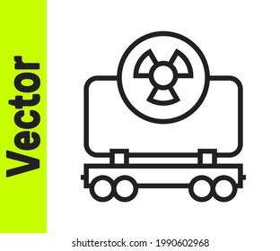 Schwarze Linie Radioaktive Güterwagen Symbol einzeln auf weißem Hintergrund. Güterwagen. Eisenbahnverkehr.  Vektorgrafik