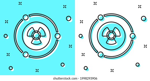Black line Radioactive icon isolated on green and white background. Radioactive toxic symbol. Radiation hazard sign. Random dynamic shapes. Vector