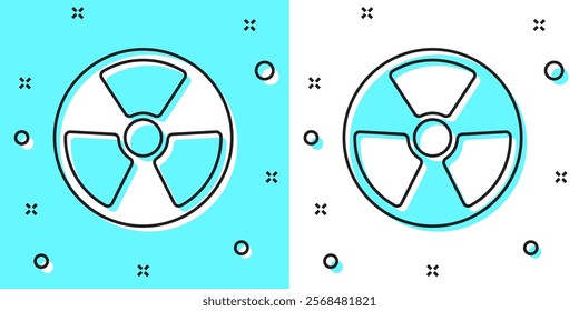 Black line Radioactive icon isolated on green and white background. Radioactive toxic symbol. Radiation Hazard sign. Random dynamic shapes. Vector