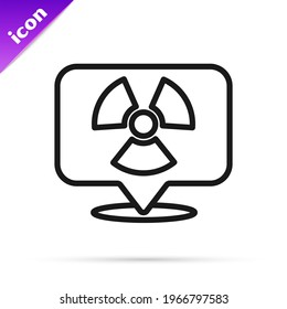 Black line Radioactive in location icon isolated on white background. Radioactive toxic symbol. Radiation Hazard sign.  Vector