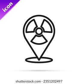 Black line Radioactive in location icon isolated on white background. Radioactive toxic symbol. Radiation Hazard sign.  Vector