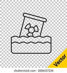 Black line Radioactive waste in barrel icon isolated on transparent background. Toxic waste contamination on water. Environmental pollution.  Vector
