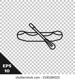 Black line Rafting boat icon isolated on transparent background. Inflatable boat with paddles. Water sports, extreme sports, holiday, vacation.  Vector Illustration