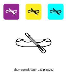 Black line Rafting boat icon isolated on white background. Inflatable boat with paddles. Water sports, extreme sports, holiday, vacation. Set icons colorful square buttons. Vector Illustration