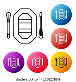 Black line Rafting boat icon isolated on white background. Inflatable boat with paddles. Water sports, extreme sports, holiday, vacation. Set icons colorful circle buttons. Vector Illustration