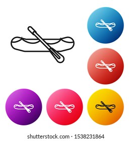 Black line Rafting boat icon isolated on white background. Inflatable boat with paddles. Water sports, extreme sports, holiday, vacation. Set icons colorful circle buttons. Vector Illustration