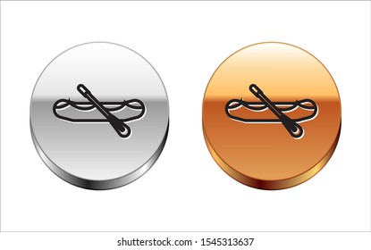 Black line Rafting boat icon isolated on white background. Inflatable boat with paddles. Water sports, extreme sports, holiday, vacation. Silver-gold circle button. Vector Illustration