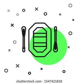 Black line Rafting boat icon isolated on white background. Inflatable boat with paddles. Water sports, extreme sports, holiday, vacation.  Vector Illustration