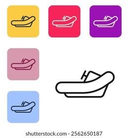 Black line Rafting boat icon isolated on white background. Inflatable boat with paddles. Water sports, extreme sports, holiday, vacation. Set icons in color square buttons. Vector