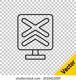 Black line Railroad crossing icon isolated on transparent background. Railway sign.  Vector