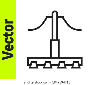 Icono de la línea negra del ferrocarril aislado en fondo blanco. Líneas aéreas del ferrocarril. Cable de contacto.  Vector