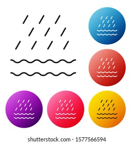 Black line Rain and waves icon isolated on white background. Rain cloud precipitation with rain drops. Set icons colorful circle buttons. Vector Illustration