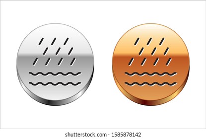 Black line Rain and waves icon isolated on white background. Rain cloud precipitation with rain drops. Silver-gold circle button. Vector Illustration